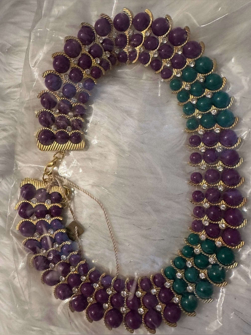 Gold-Tone Purple and Green Beaded Statement Necklace